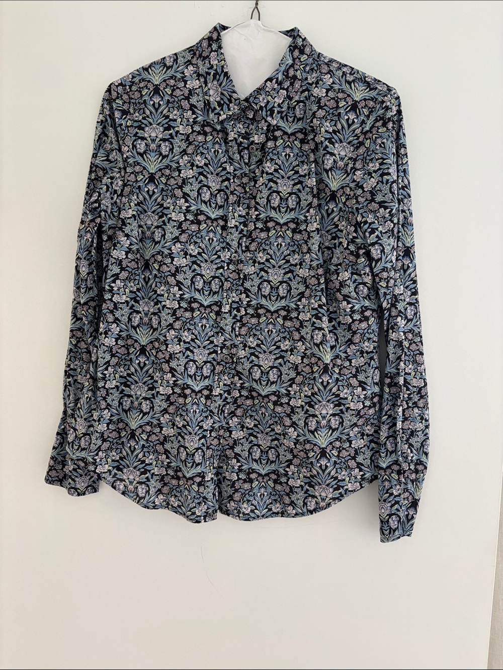 I Crew Liberty Women's Floral Button-Up Shirt - Blue/Black, size 8